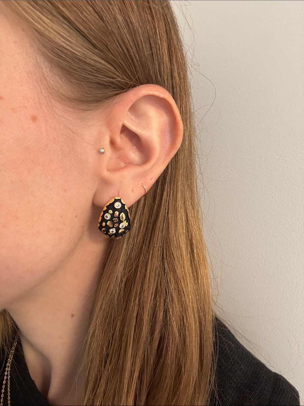 Gold and black big chunky statement stud teardrop tear drop earrings